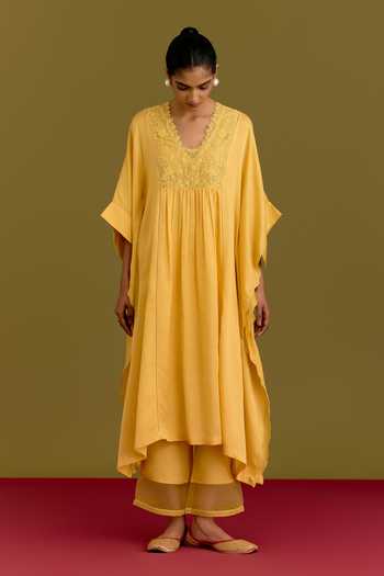 Buy_Devnaagri_Yellow Silk, Cotton, Satin, Shantoon V-neck Embroidered Yoke Kaftan Set _Online_at_Aza_Fashions