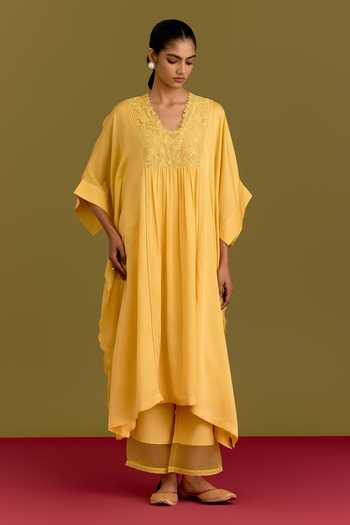 Shop_Devnaagri_Yellow Silk, Cotton, Satin, Shantoon V-neck Embroidered Yoke Kaftan Set _Online_at_Aza_Fashions
