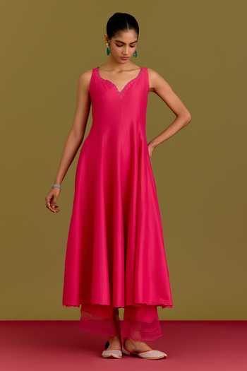 Devnaagri_Fuchsia Silk, Cotton, Satin, Shantoon Embroidered Dupatta And & Anarkali Set _Online_at_Aza_Fashions