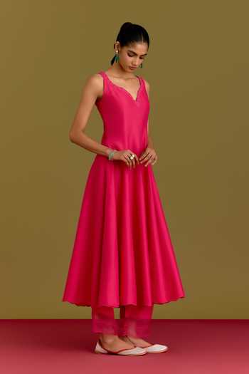 Buy_Devnaagri_Fuchsia Silk, Cotton, Satin, Shantoon Embroidered Dupatta And & Anarkali Set _Online_at_Aza_Fashions