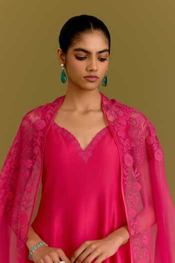 Shop_Devnaagri_Fuchsia Silk, Cotton, Satin, Shantoon Embroidered Dupatta And & Anarkali Set _Online_at_Aza_Fashions