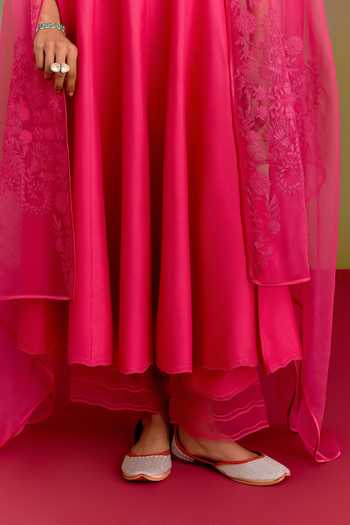Devnaagri_Fuchsia Silk, Cotton, Satin, Shantoon Embroidered Dupatta And & Anarkali Set _at_Aza_Fashions