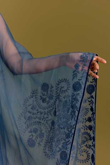 Buy Devnaagri Blue Silk, Cotton, Satin, Shantoon Tonal Embroidered Dupatta And Anarkali Set Buy_Devnaagri_Blue Silk, Cotton, Satin, Shantoon Tonal Embroidered Dupatta And Anarkali Set