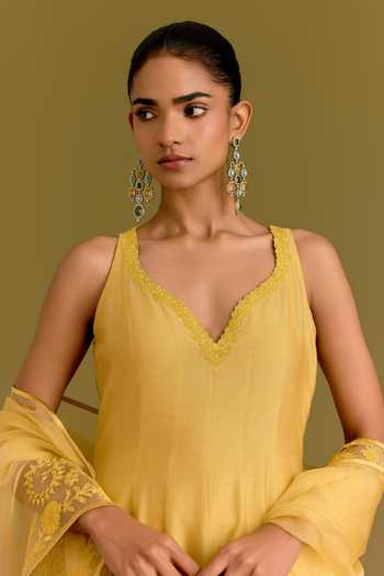 Devnaagri_Mustard Silk, Cotton, Satin, Shantoon V-neck Embroidered Dupatta And Anarkali Set _Online_at_Aza_Fashions