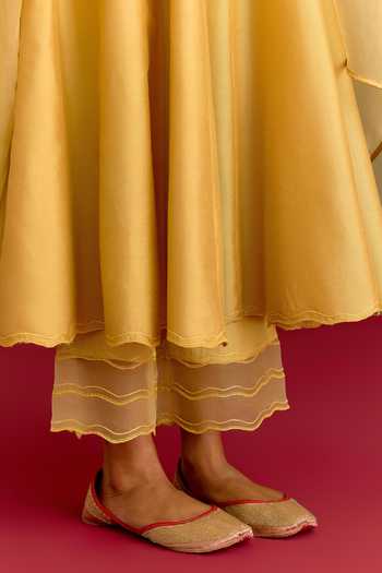 Buy_Devnaagri_Mustard Silk, Cotton, Satin, Shantoon V-neck Embroidered Dupatta And Anarkali Set _Online_at_Aza_Fashions
