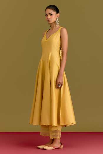 Shop_Devnaagri_Mustard Silk, Cotton, Satin, Shantoon V-neck Embroidered Dupatta And Anarkali Set _Online_at_Aza_Fashions