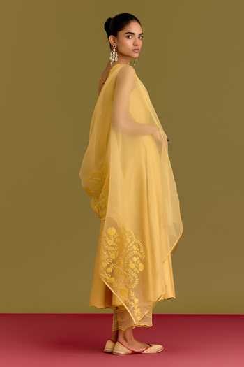 Devnaagri_Mustard Silk, Cotton, Satin, Shantoon V-neck Embroidered Dupatta And Anarkali Set _at_Aza_Fashions