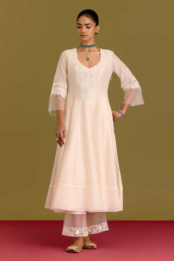 Devnaagri_Ivory Silk, Chanderi, Organza V-neck Tonal Embroidered Anarkali Set _Online_at_Aza_Fashions