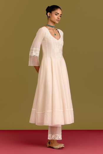 Shop_Devnaagri_Ivory Silk, Chanderi, Organza V-neck Tonal Embroidered Anarkali Set _Online_at_Aza_Fashions