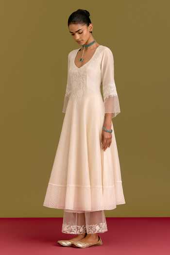 Devnaagri_Ivory Silk, Chanderi, Organza V-neck Tonal Embroidered Anarkali Set _at_Aza_Fashions