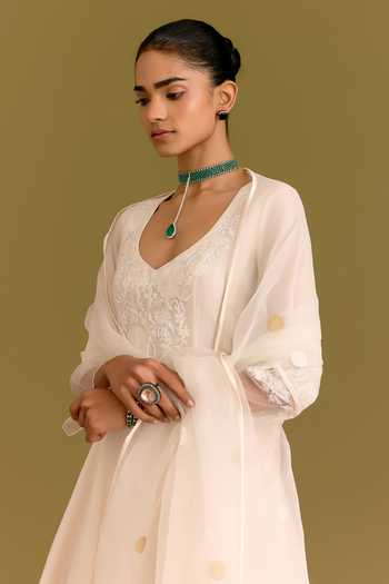 Buy_Devnaagri_Ivory Silk, Chanderi, Organza V-neck Tonal Embroidered Anarkali Set 