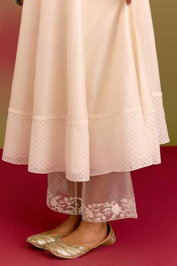 Shop_Devnaagri_Ivory Silk, Chanderi, Organza V-neck Tonal Embroidered Anarkali Set 