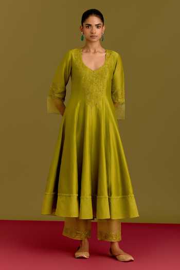 Shop_Devnaagri_Green Chanderi, Silk Organza V-neck Embroidered Bodice Anarkali Set _Online_at_Aza_Fashions