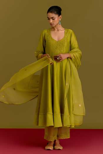 Devnaagri_Green Chanderi, Silk Organza V-neck Embroidered Bodice Anarkali Set _at_Aza_Fashions