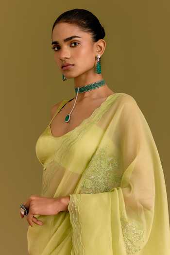 Devnaagri_Green , Satin, Modal, , Embroidered Saree With Blouse _Online_at_Aza_Fashions