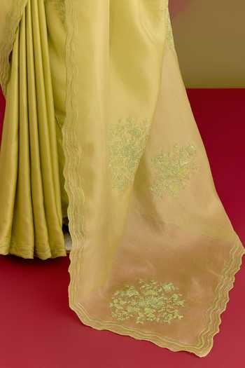 Devnaagri_Green , Satin, Modal, , Embroidered Saree With Blouse _at_Aza_Fashions
