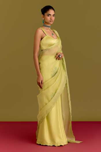 Buy_Devnaagri_Green , Satin, Modal, , Embroidered Saree With Blouse 
