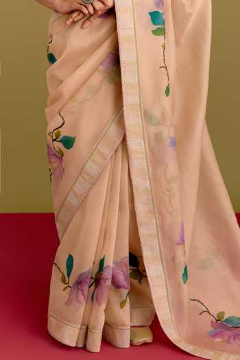 Devnaagri_Beige Organza, Satin Hand Painted Floral Pattern Saree With Blouse _Online_at_Aza_Fashions