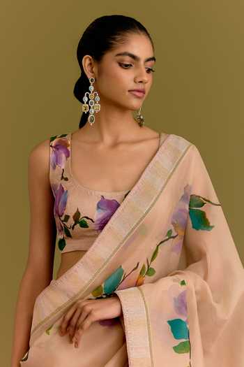 Buy_Devnaagri_Beige Organza, Satin Hand Painted Floral Pattern Saree With Blouse _Online_at_Aza_Fashions