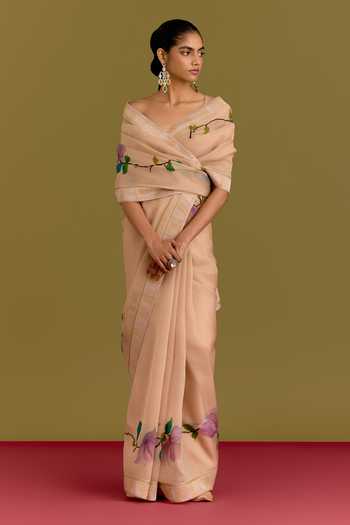 Shop_Devnaagri_Beige Organza, Satin Hand Painted Floral Pattern Saree With Blouse _Online_at_Aza_Fashions