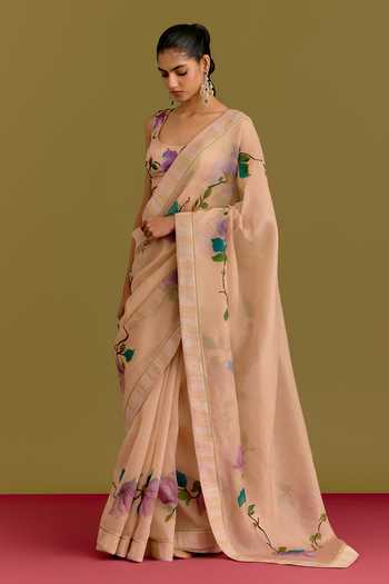 Devnaagri_Beige Organza, Satin Hand Painted Floral Pattern Saree With Blouse _at_Aza_Fashions