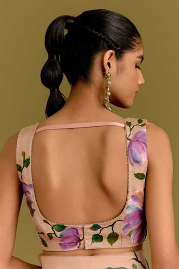 Buy_Devnaagri_Beige Organza, Satin Hand Painted Floral Pattern Saree With Blouse 
