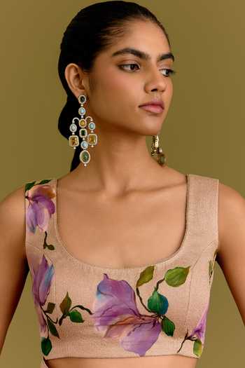 Shop_Devnaagri_Beige Organza, Satin Hand Painted Floral Pattern Saree With Blouse 