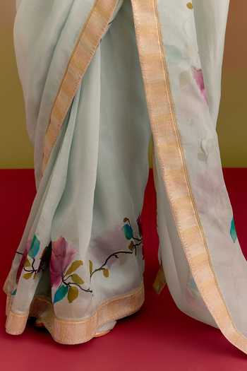 Devnaagri_Blue Organza, Satin Square Neck Floral Pattern Saree And Blouse Set _Online_at_Aza_Fashions