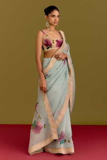 Buy_Devnaagri_Blue Organza, Satin Square Neck Floral Pattern Saree And Blouse Set _Online_at_Aza_Fashions