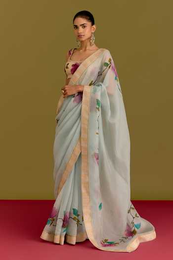 Shop_Devnaagri_Blue Organza, Satin Square Neck Floral Pattern Saree And Blouse Set _Online_at_Aza_Fashions