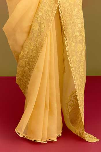 Devnaagri Yellow Silk Organza V-neck Embroidered Saree And Blouse Set Online at Aza Fashions Devnaagri_Yellow Silk Organza V-neck Embroidered Saree And Blouse Set _Online_at_Aza_Fashions