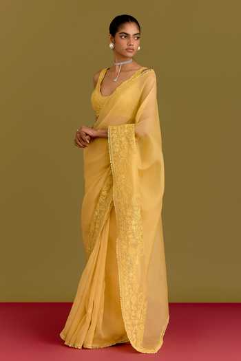 Shop Devnaagri Yellow Silk Organza V-neck Embroidered Saree And Blouse Set Online at Aza Fashions Shop_Devnaagri_Yellow Silk Organza V-neck Embroidered Saree And Blouse Set _Online_at_Aza_Fashions