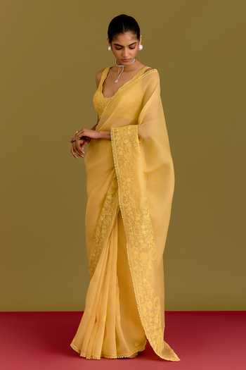 Devnaagri Yellow Silk Organza V-neck Embroidered Saree And Blouse Set at Aza Fashions Devnaagri_Yellow Silk Organza V-neck Embroidered Saree And Blouse Set _at_Aza_Fashions