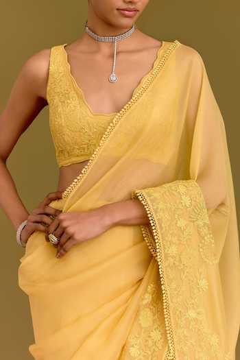 Buy Devnaagri Yellow Silk Organza V-neck Embroidered Saree And Blouse Set Buy_Devnaagri_Yellow Silk Organza V-neck Embroidered Saree And Blouse Set