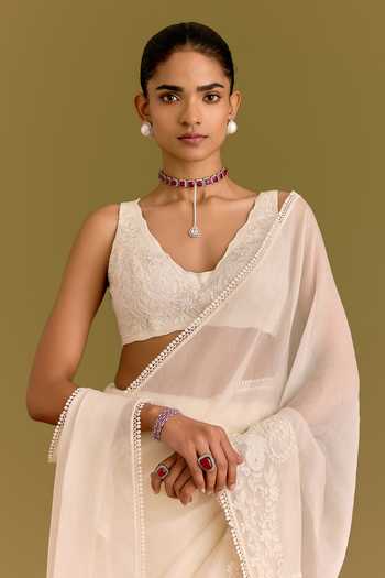Devnaagri_Ivory Silk Organza V-neck Tonal Embroidered Saree And Blouse Set _Online_at_Aza_Fashions