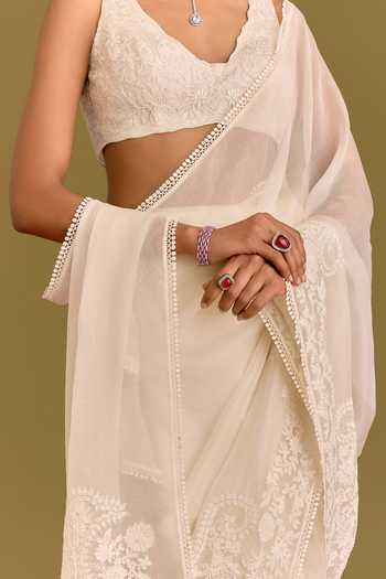Buy_Devnaagri_Ivory Silk Organza V-neck Tonal Embroidered Saree And Blouse Set _Online_at_Aza_Fashions