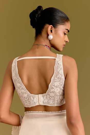 Shop_Devnaagri_Ivory Silk Organza V-neck Tonal Embroidered Saree And Blouse Set _Online_at_Aza_Fashions