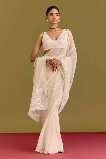 Devnaagri_Ivory Silk Organza V-neck Tonal Embroidered Saree And Blouse Set _at_Aza_Fashions