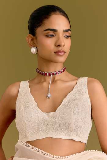 Buy_Devnaagri_Ivory Silk Organza V-neck Tonal Embroidered Saree And Blouse Set 