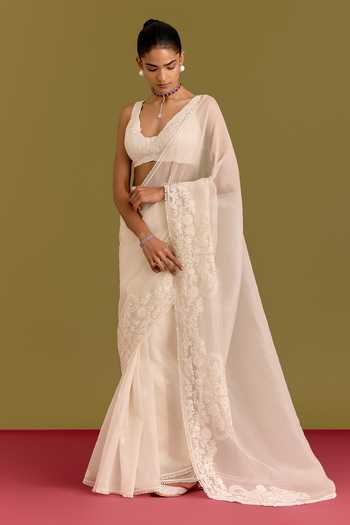 Shop_Devnaagri_Ivory Silk Organza V-neck Tonal Embroidered Saree And Blouse Set 