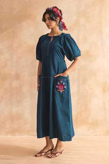 Moontara_Teal Cotton Keyhole Neck Teora Midi Dress _Online_at_Aza_Fashions