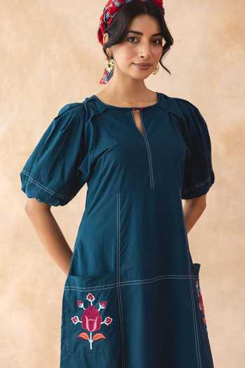 Buy_Moontara_Teal Cotton Keyhole Neck Teora Midi Dress _Online_at_Aza_Fashions