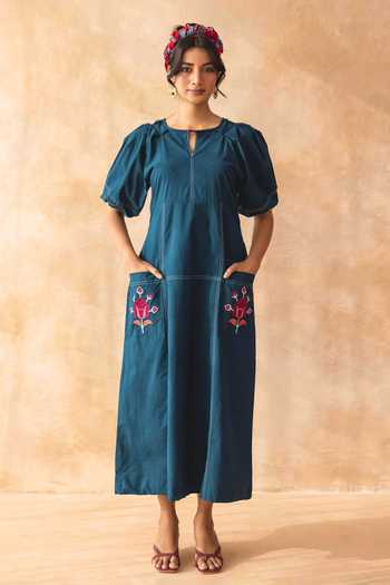 Moontara Teora Teal Cotton Midi Dress 