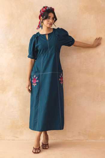 Shop_Moontara_Teal Cotton Keyhole Neck Teora Midi Dress _Online_at_Aza_Fashions