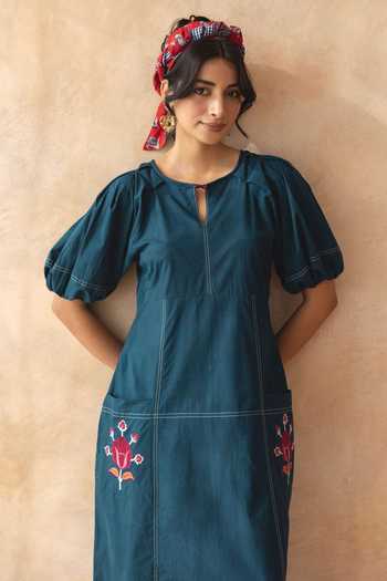 Moontara_Teal Cotton Keyhole Neck Teora Midi Dress _at_Aza_Fashions