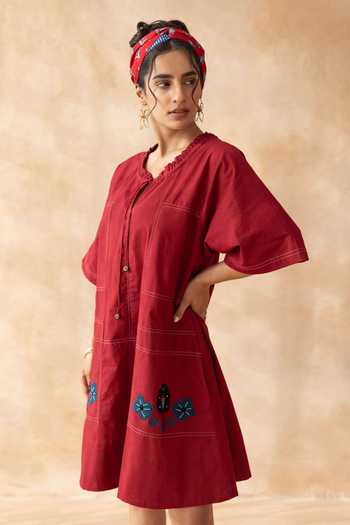 Buy_Moontara_Maroon Cotton Round , Keyhole Marcella Knee Length Dress _Online_at_Aza_Fashions