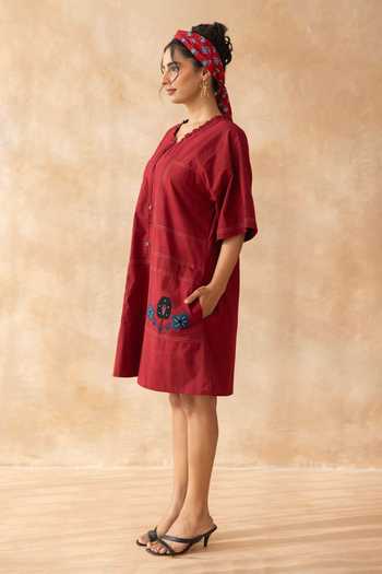 Shop_Moontara_Maroon Cotton Round , Keyhole Marcella Knee Length Dress _Online_at_Aza_Fashions