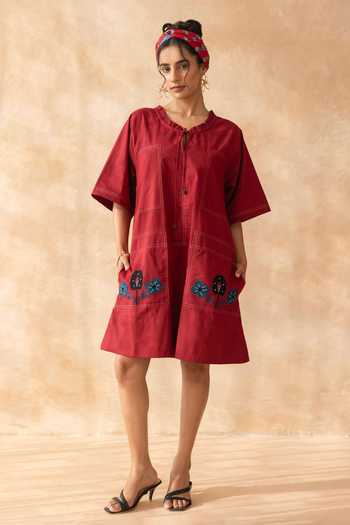 Moontara_Maroon Cotton Round , Keyhole Marcella Knee Length Dress _at_Aza_Fashions