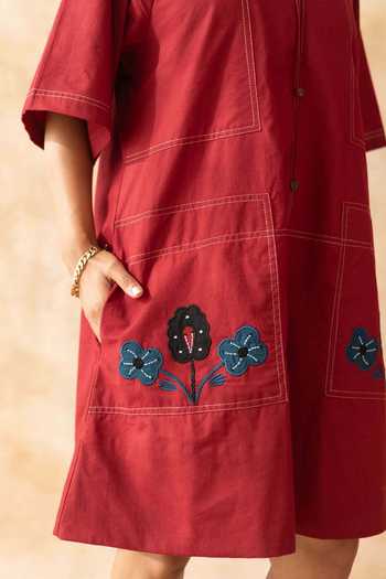 Buy_Moontara_Maroon Cotton Round , Keyhole Marcella Knee Length Dress 