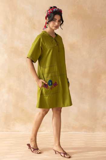 Moontara_Olive Green Cotton Keyhole Neck Olley Placed Embroidered Dress _Online_at_Aza_Fashions
